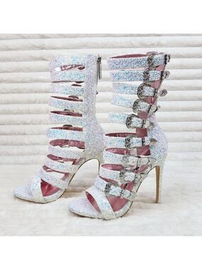 Sexy Wavy Strap up Front Ankle Boots Shooties Sparkling White Ice Glitter Heels